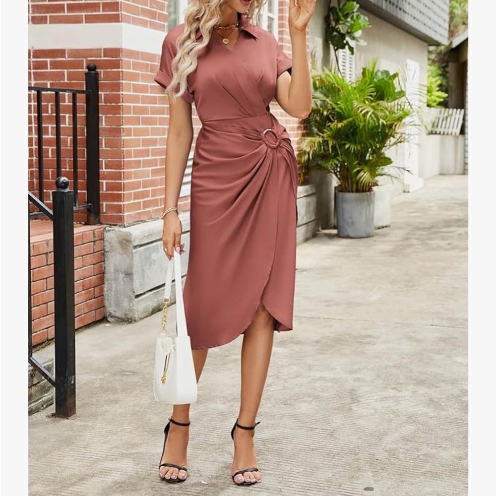 JASAMBAC Satin Dress for Women Short Sleeve Summer Work Dresses